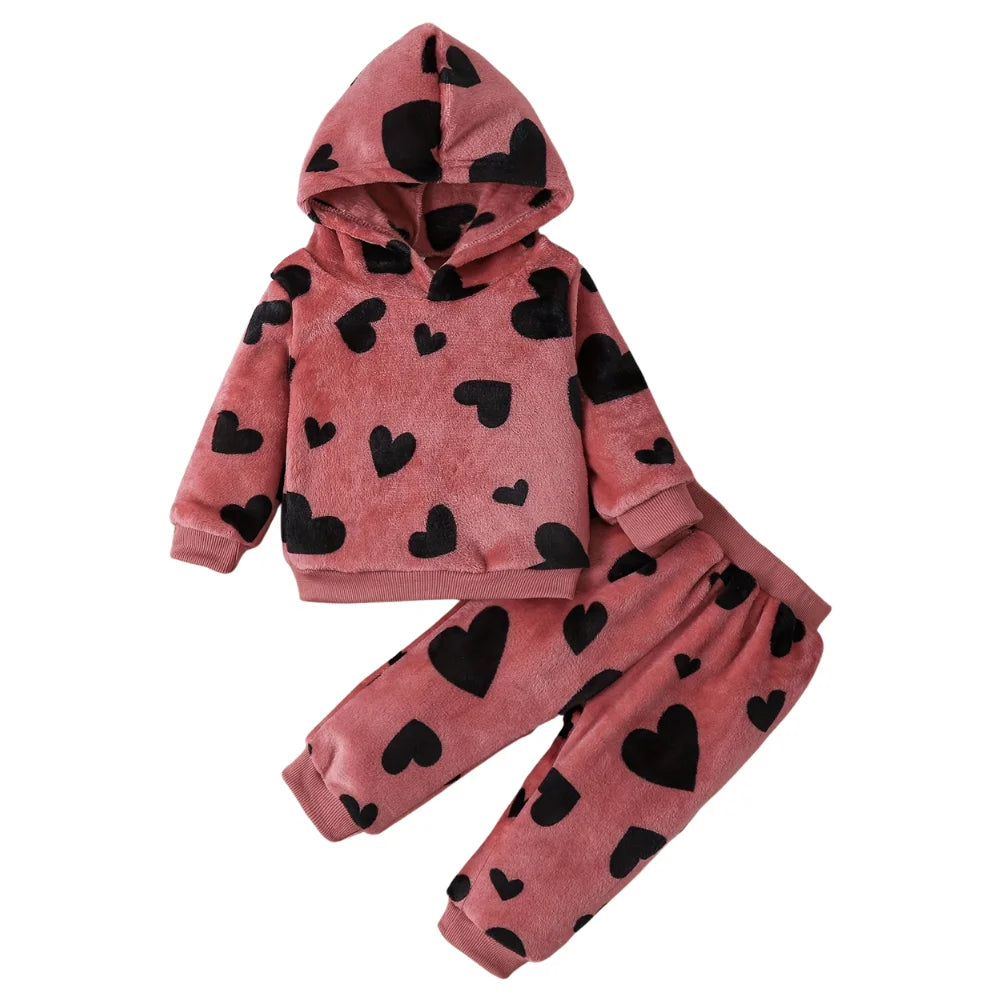 Heart Design Plush Hooded Top and Pant Baby Outfit Set childrensterritory