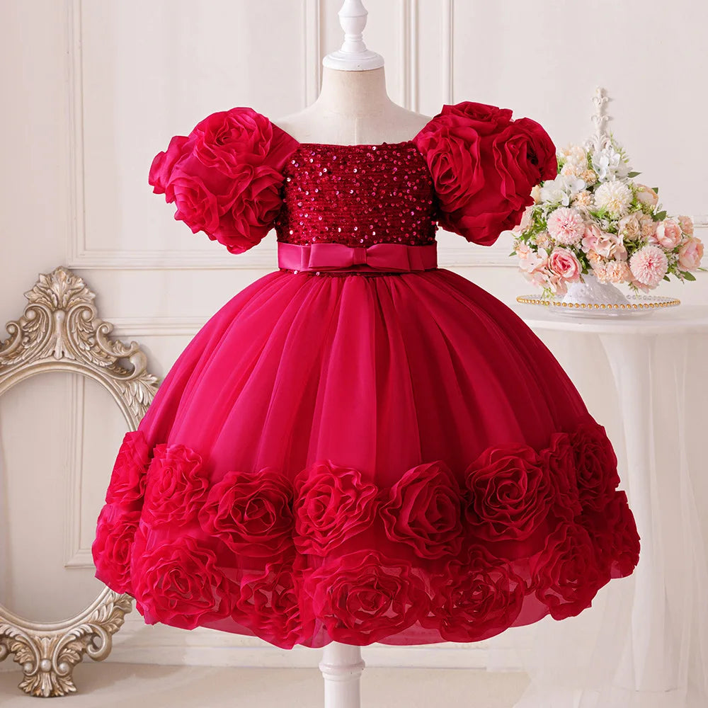 Flower Lace Design Sequins Ball Gown Party Dresses For Girls childrensterritory