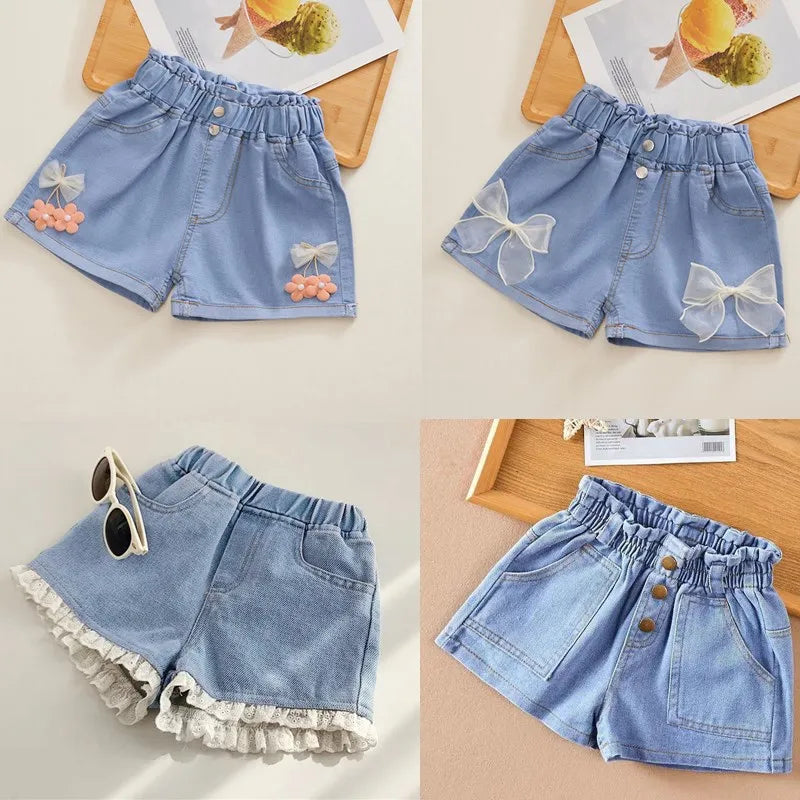 Kids Girls Korean Style Bow Design Denim Shorts and Skirts childrensterritory