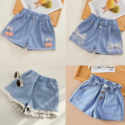 Kids Girls Korean Style Bow Design Denim Shorts and Skirts childrensterritory