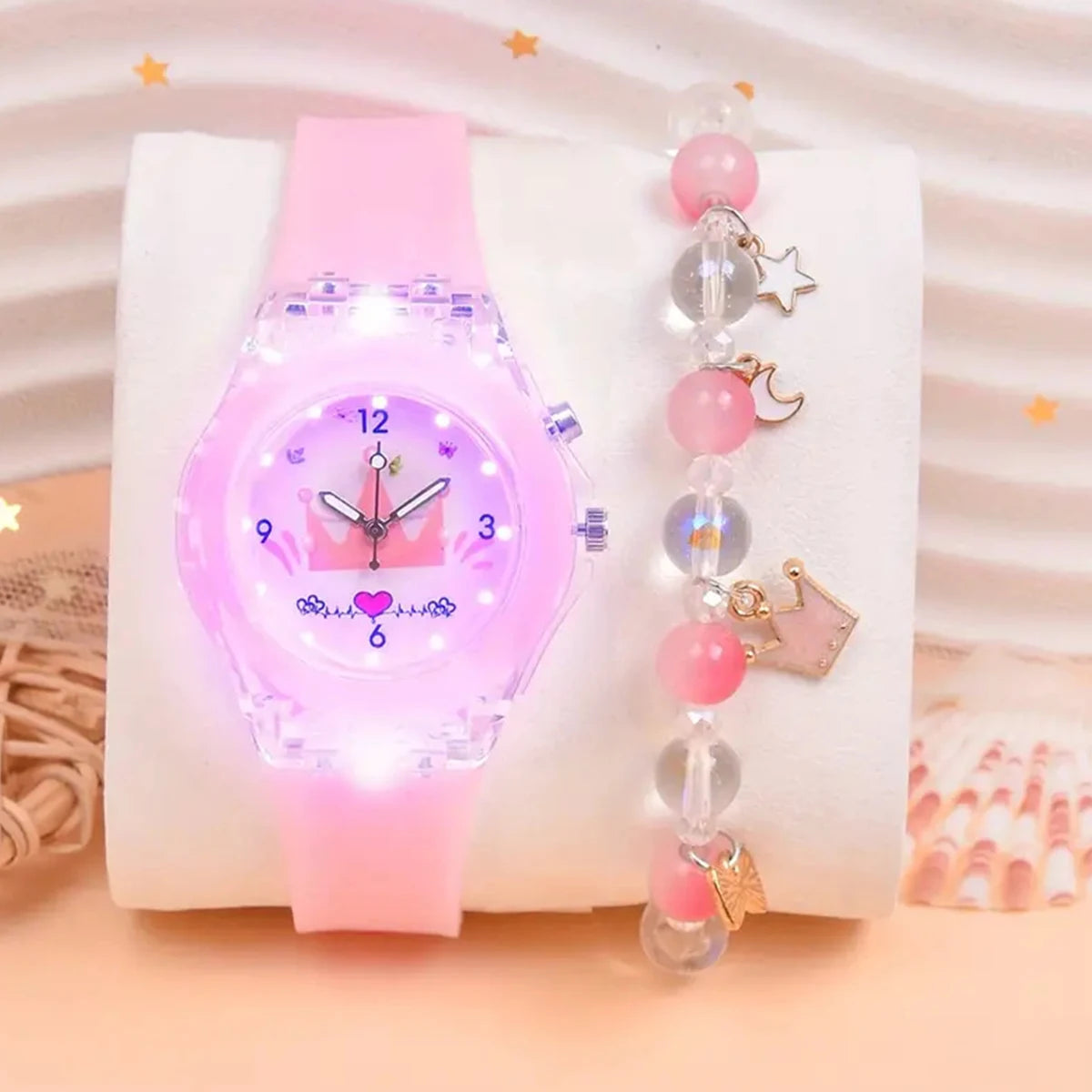 Girls' Butterfly Design Luminous Watch + Beaded Bracelet Set