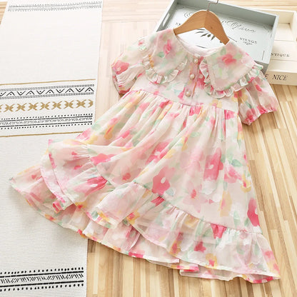 Kids Girl Floral Print Short Sleeve Summer Party Dress
