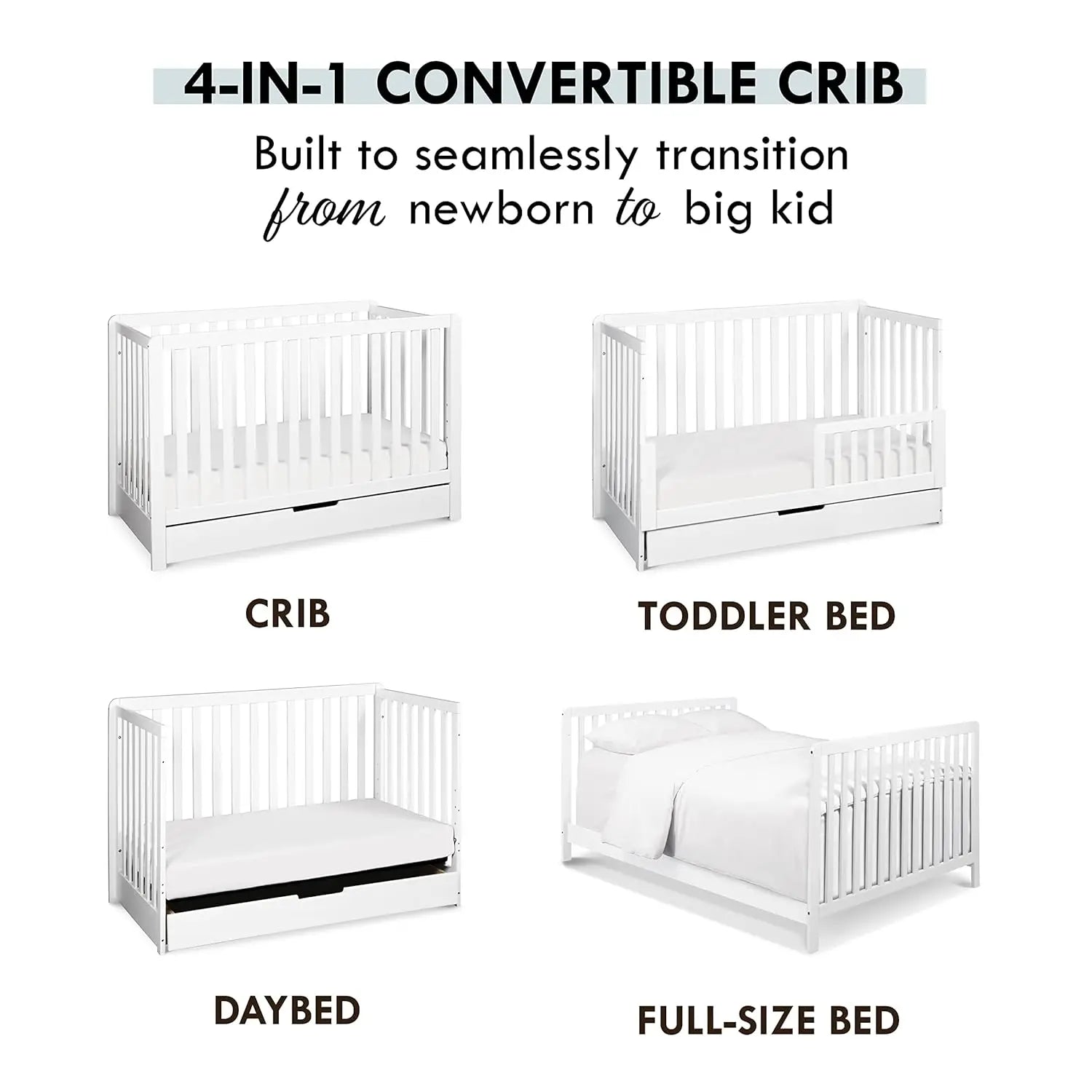 White, 4-in-1 Convertible Crib with Trundle Drawer childrensterritory