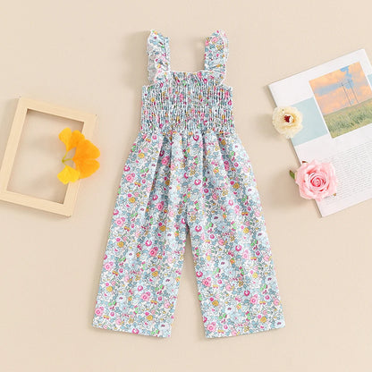 Little Girls Lovely Floral Print Wide Leg Summer Jumpsuit childrensterritory