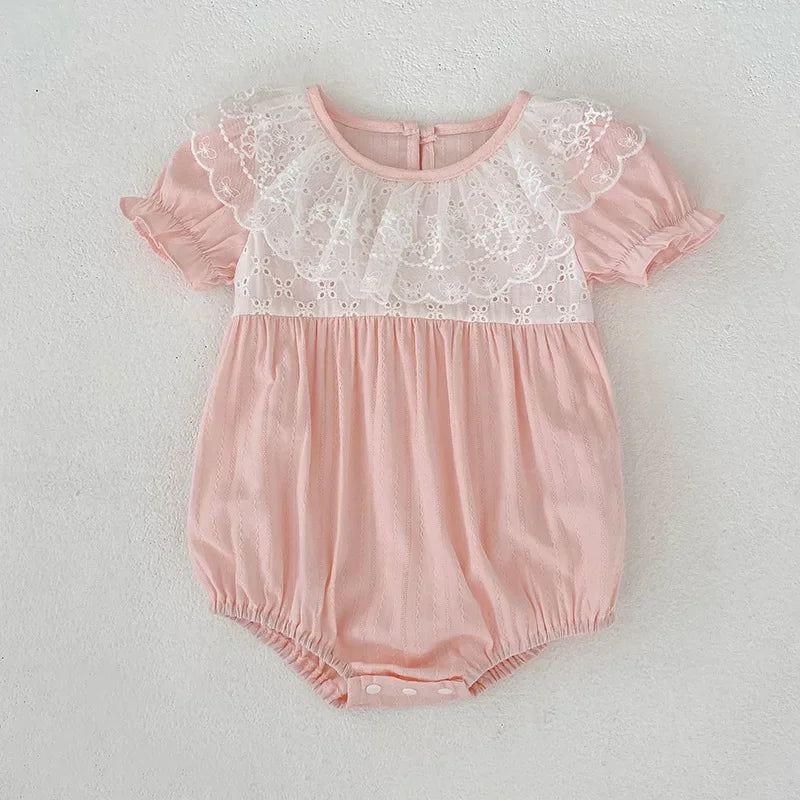 Baby Girl Lace Embroidered Pink Summer Romper