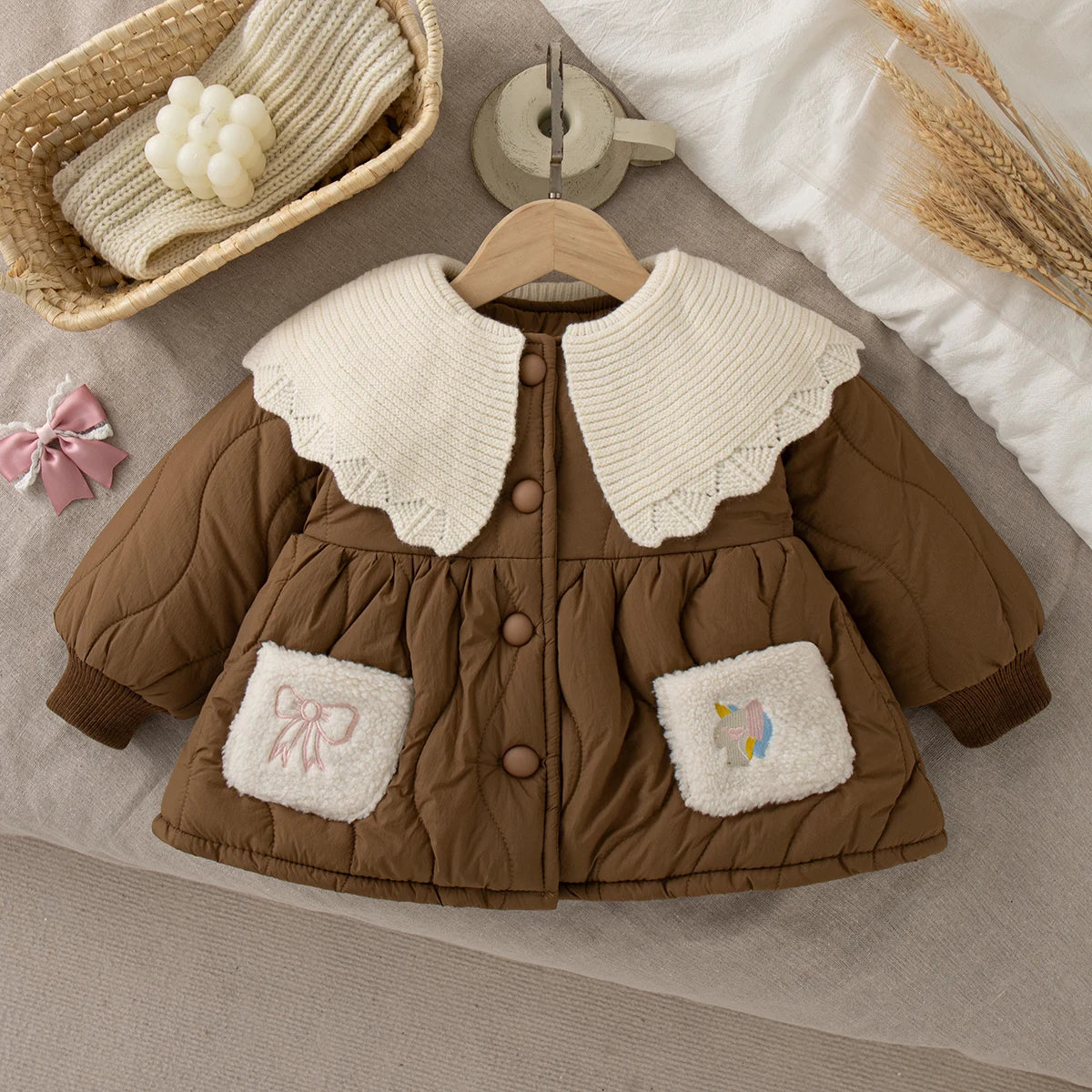 Girls' Long-Sleeved Collar Design Winter Coat