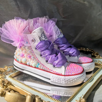 Kids Girls Pink Sparkle Gold Rhinestones Canvas Sneakers