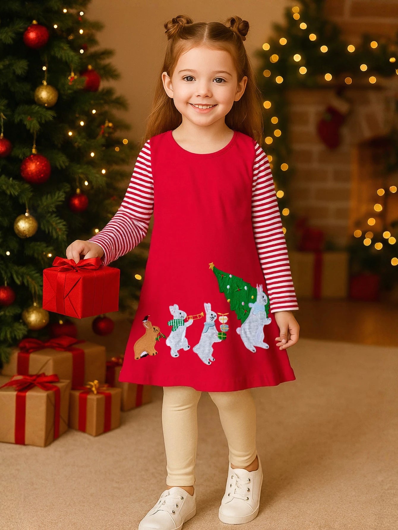 Girls' Full-Sleeve Christmas Print Dresses childrensterritory