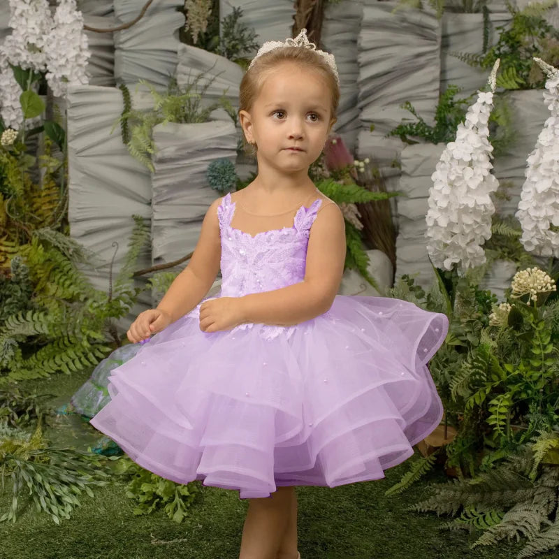 Glitter Decoration Sheer Neck Design Ivory Puffy Little Girls Dresses