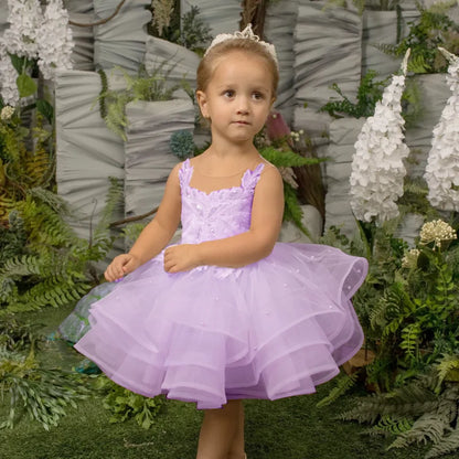 Glitter Decoration Sheer Neck Design Ivory Puffy Little Girls Dresses