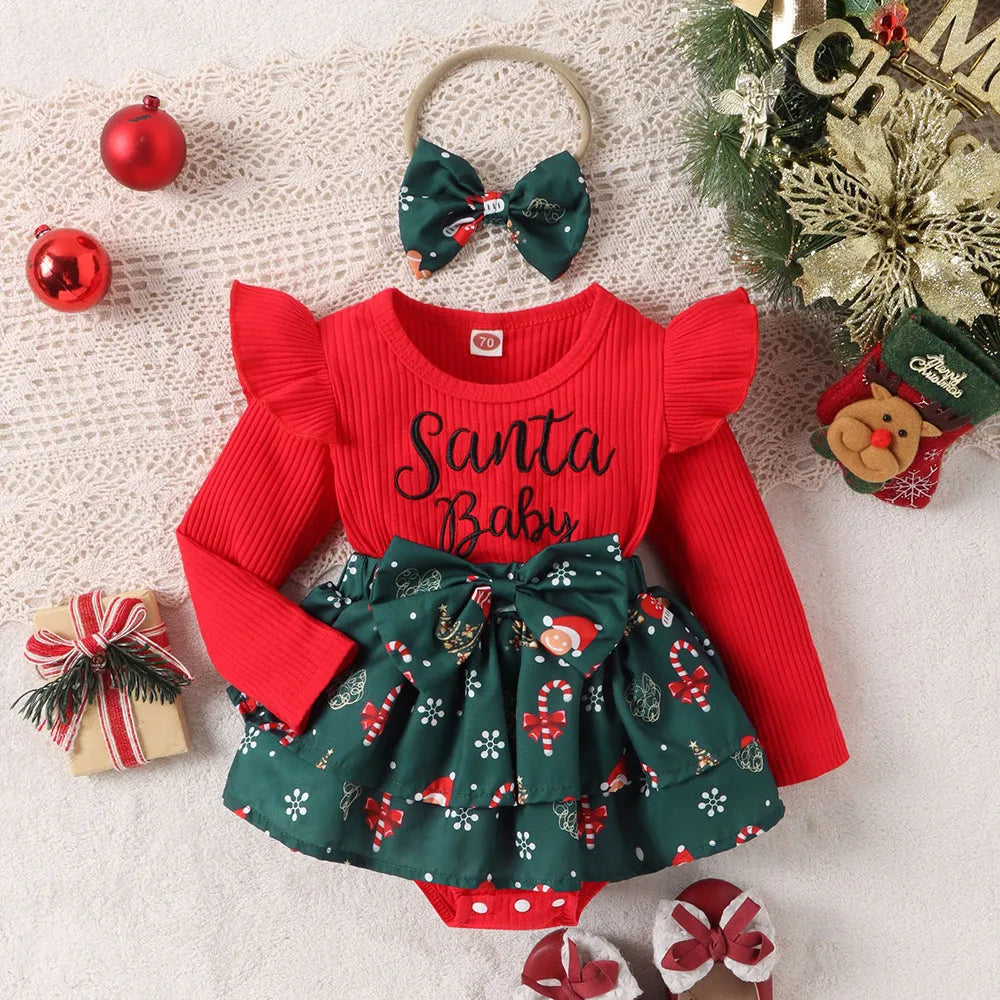Long-Sleeve Bow Design Christmas Outfit For Baby Girls