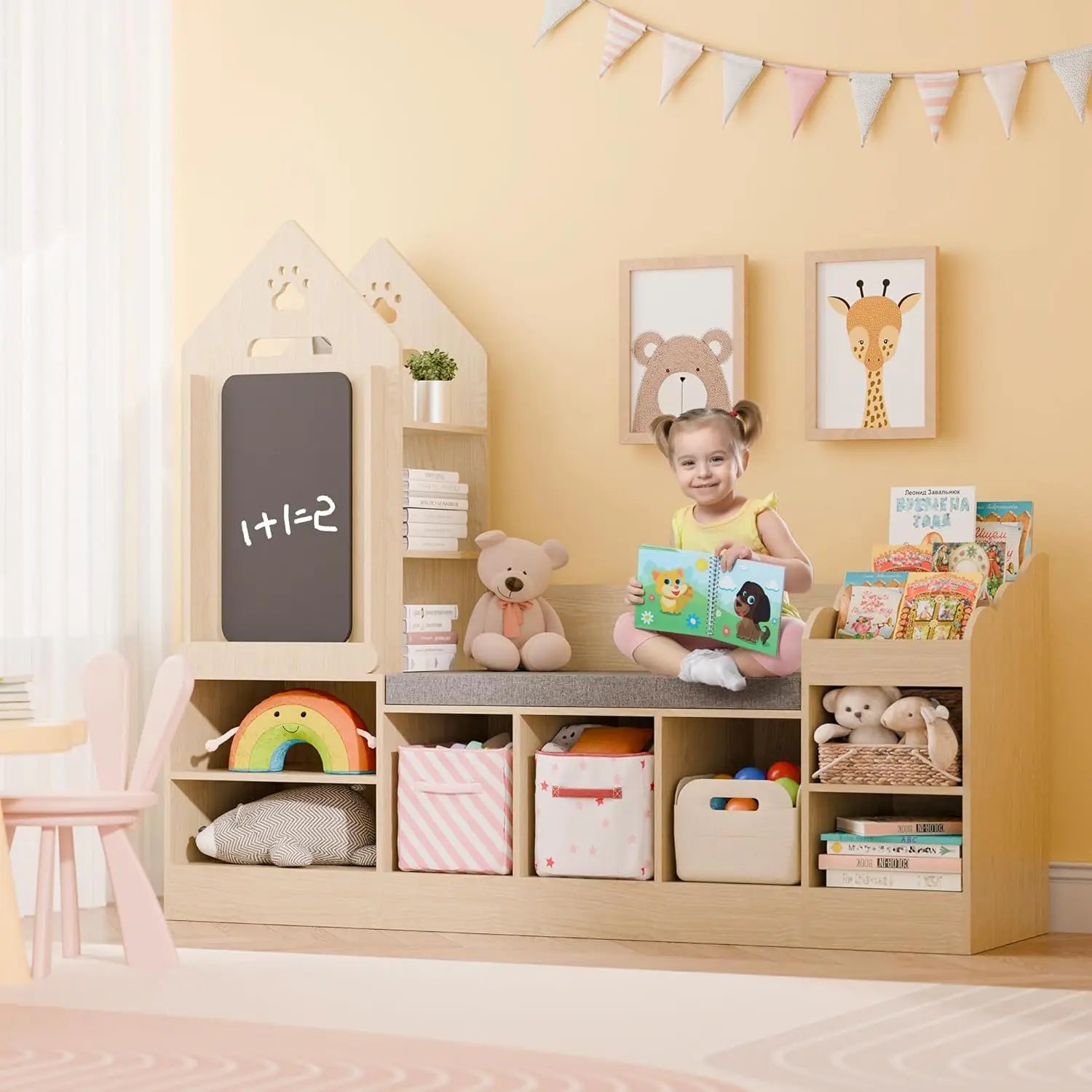 Kids Wooden Bookshelf with Chalkboard and Bench childrensterritory