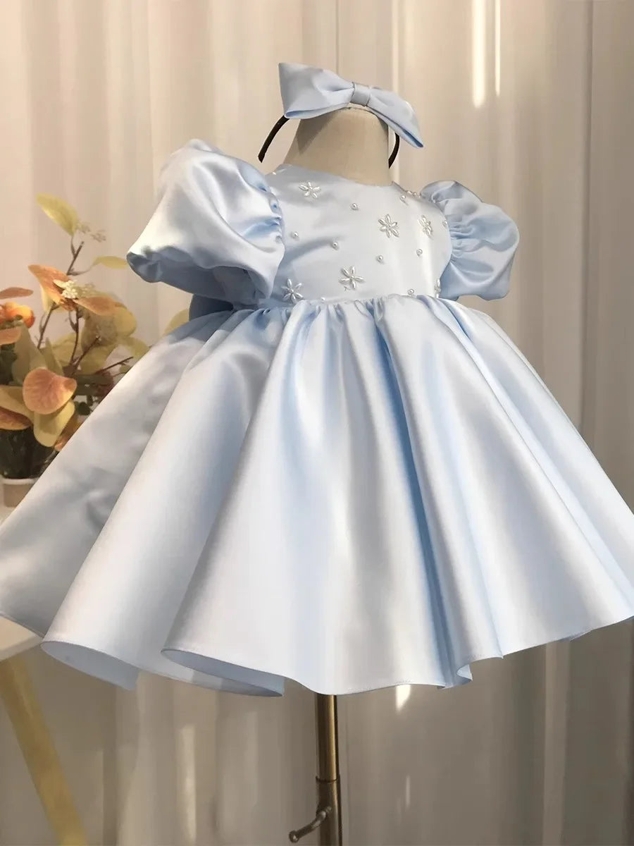 Little Girls Puff Sleeves Elegant Baptism Party Dresses