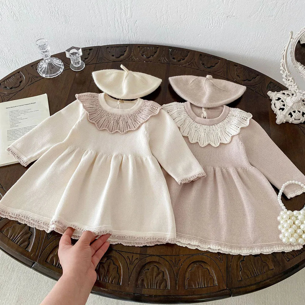 Girls’ Long Sleeves Collar Design Warm Dresses