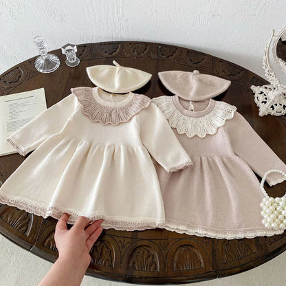 Girls’ Long Sleeves Collar Design Warm Dresses