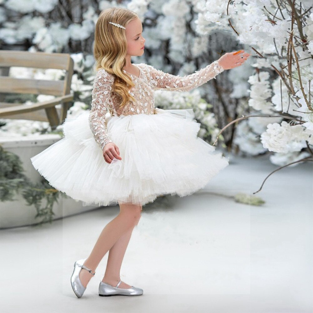 Baby/Kids Girls White V Neck Puffy Beading Tulle Dress childrensterritory