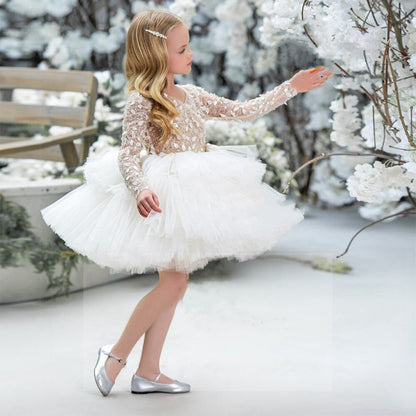 Baby/Kids Girls White V Neck Puffy Beading Tulle Dress childrensterritory