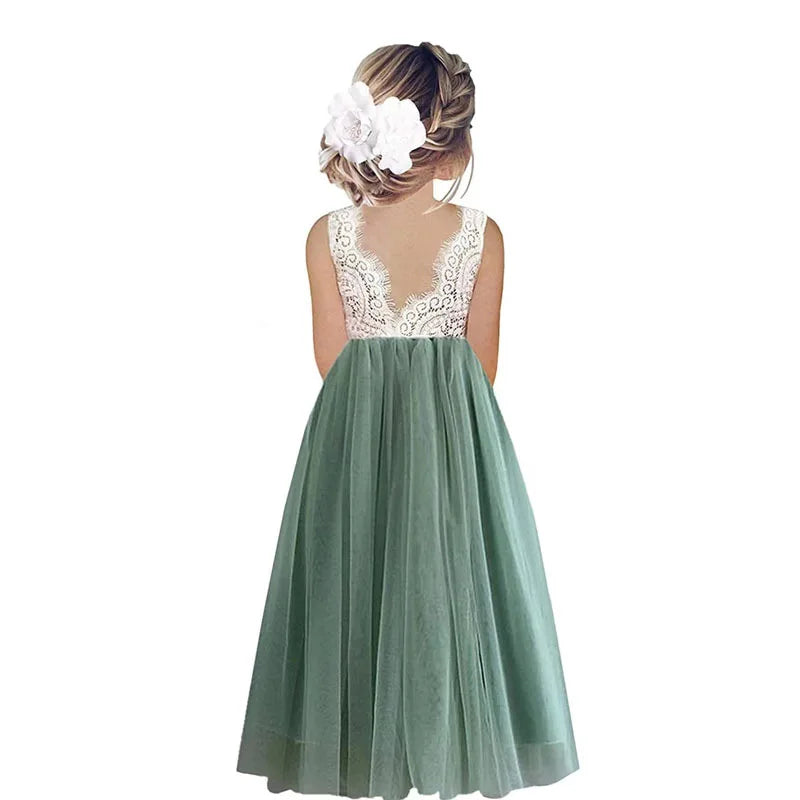 Kids Girls Flower Lace Design Princess Party Dresses for Summer childrensterritory