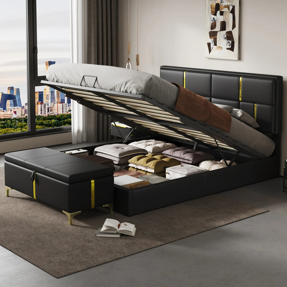 Platform Bed in Queen Size with Upholstery and Hydraulic Storage
