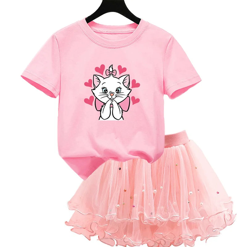 Kids Girls Marie Cat Design Summer T-shirt &amp; Tutu Skirt Set childrensterritory