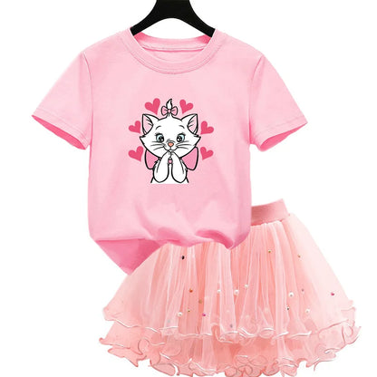 Kids Girls Marie Cat Design Summer T-shirt &amp; Tutu Skirt Set childrensterritory