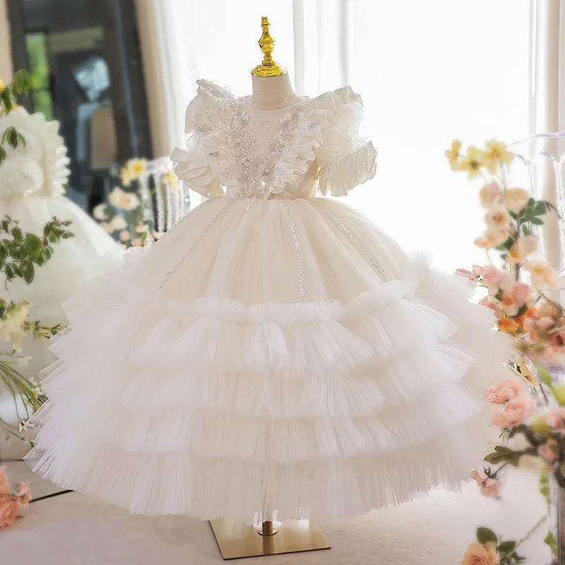 Elegant Sequined Sparkling Tulle Tiered Ball Dress for Young Girls