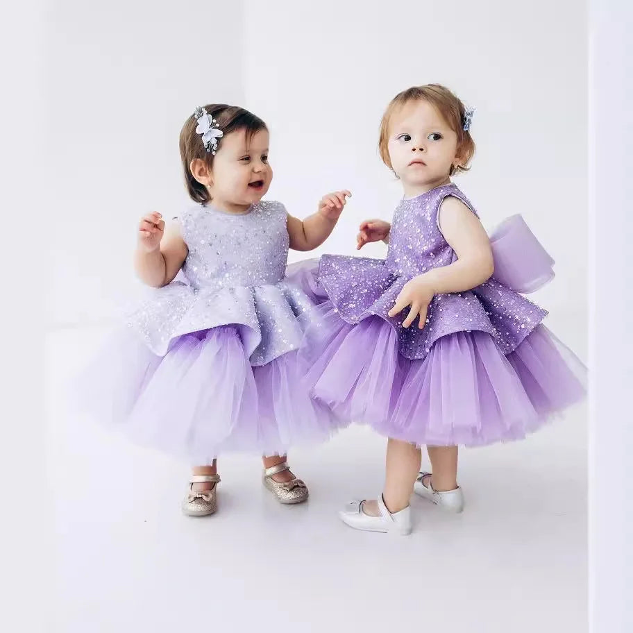 Little Girl Glitter Puff Organza Applique Birthday Party Gown
