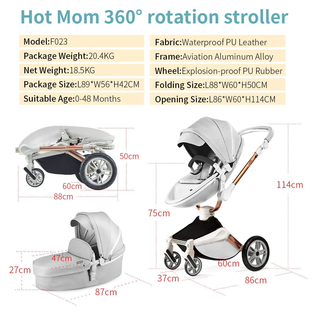 2 in 1 Rotateable, PU Leather Luxury Baby Stroller childrensterritory
