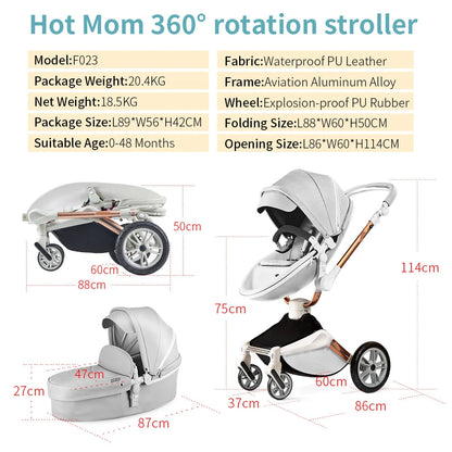2 in 1 Rotateable, PU Leather Luxury Baby Stroller childrensterritory