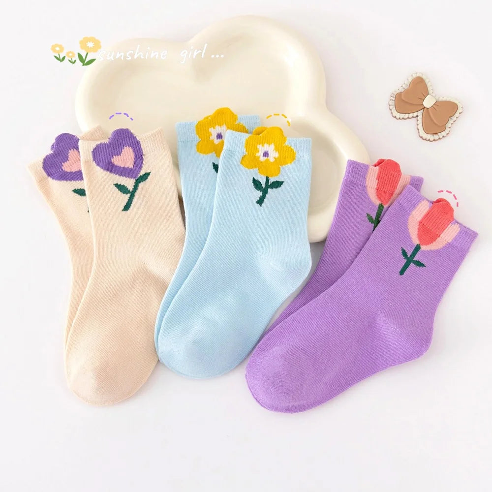 Cute Flower Cartoon Pattern 5 Pairs of Socks For Girls