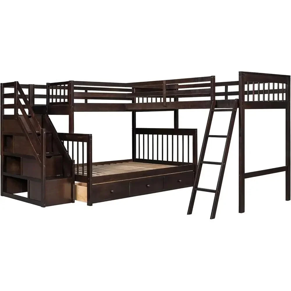 L-shaped Full Bunk Bed with Three Drawers and a Staircase