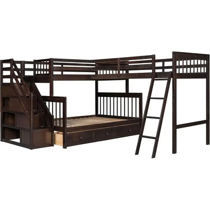 L-shaped Full Bunk Bed with Three Drawers and a Staircase