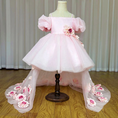 Off-Shoulder Tulle Wedding Party Gowns with Flowers for Girls childrensterritory
