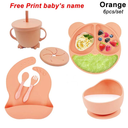 Personalized 6Pcs Toddler Feeding Suction Bowl Silicone Plates Set childrensterritory
