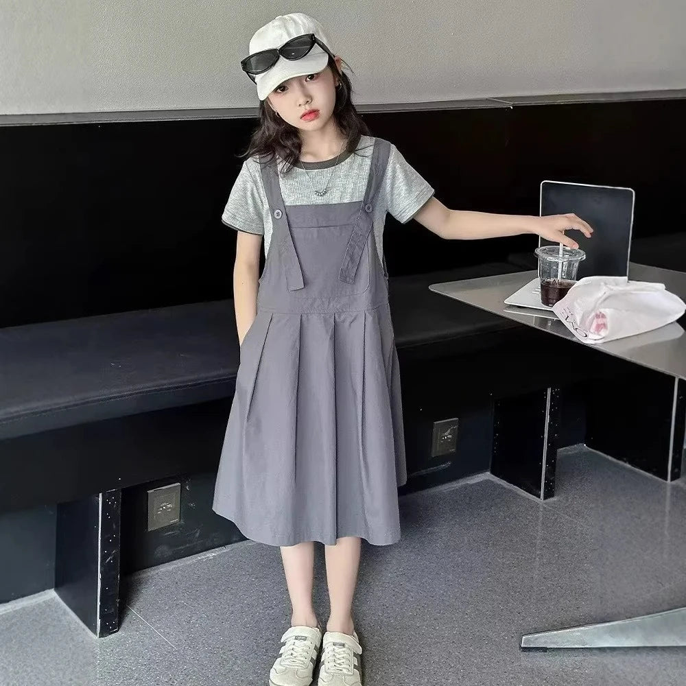 Kids/Teen Girls Solid Color Top and Dress Set for Summer