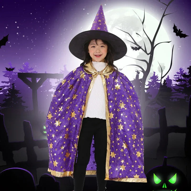 Kids Black Purple Red Carnival Cloak with Witch Hat