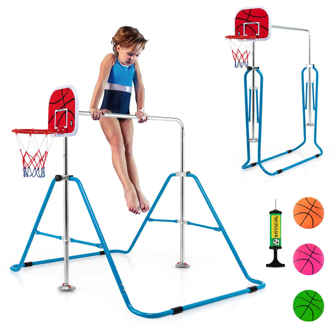 Kids Adjustable Gymnastics Bar with Basketball Hoop childrensterritory