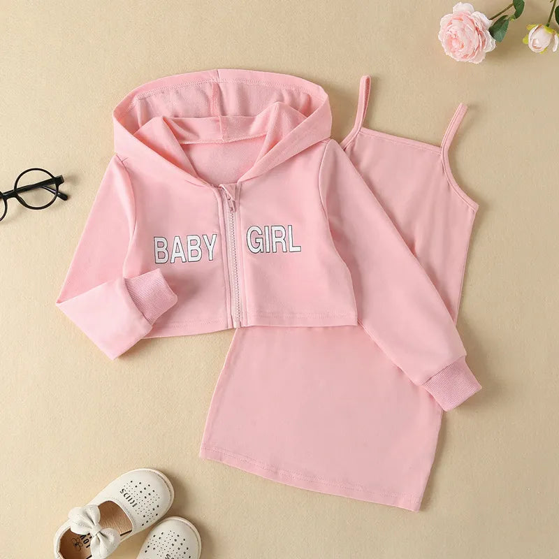 Kids Girls "Baby" Letter Print Zipper Hoodie + Sleeveless Dress childrensterritory
