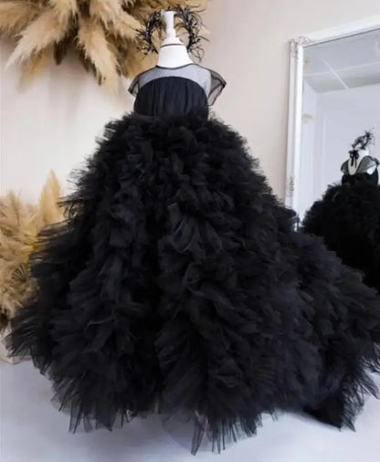 Black Tulle Fluffy Tiered Wedding and Birthday Party Dress for Girls childrensterritory