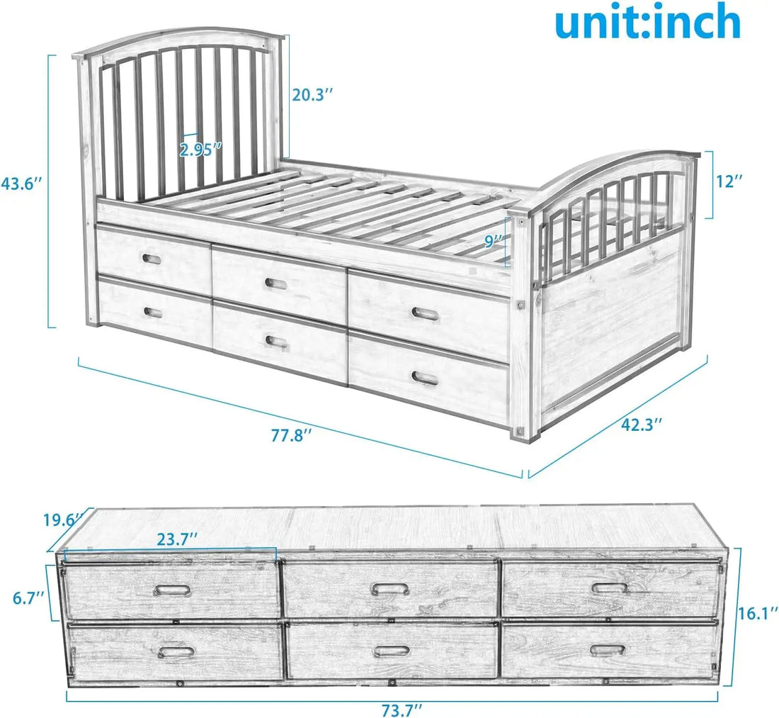 A Twin-Sized Wooden Platform Bed with Six Drawers for Storage