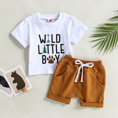 Toddler Boys Letter Print T-shirt Solid Drawstring Shorts Sets childrensterritory