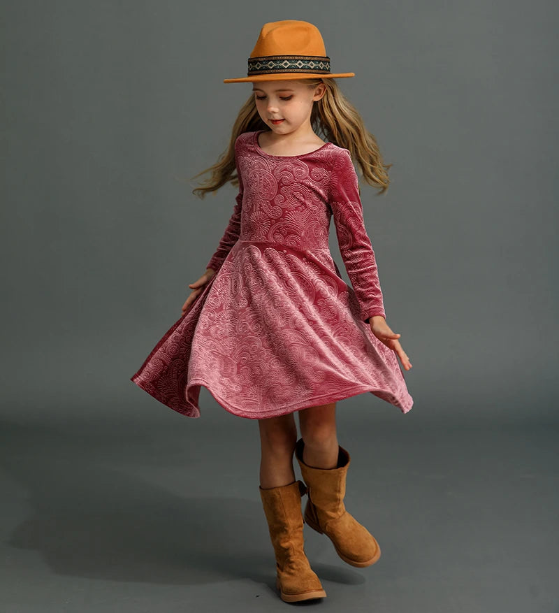A-Line Velvet Embossed Dresses for Preschool Girls childrensterritory