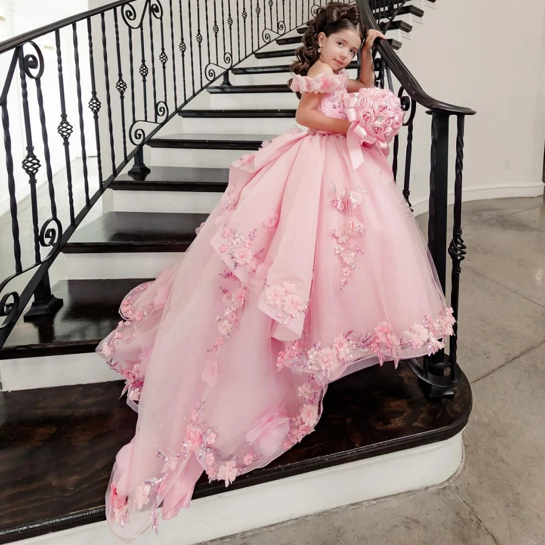 Tulle Floral Appliques Pageant Dress for Girls with Trailing