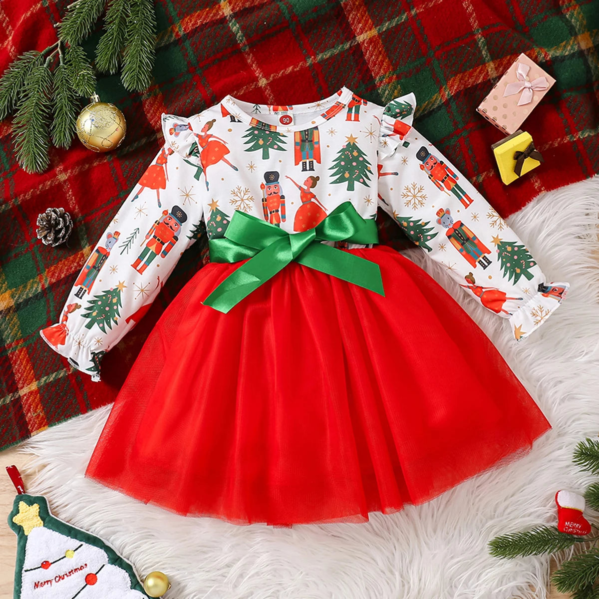 Girls' Long-Sleeved Bow Lace Design Party Dresses childrensterritory