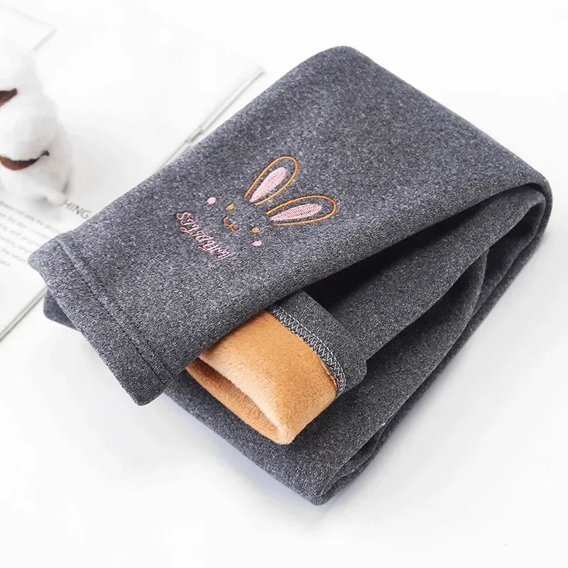 Little Girls Thick Warm Rabbit Print Solid Trousers childrensterritory