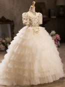 Elegant Girls' Princess Gown with Train, Embroidered with Flowers childrensterritory