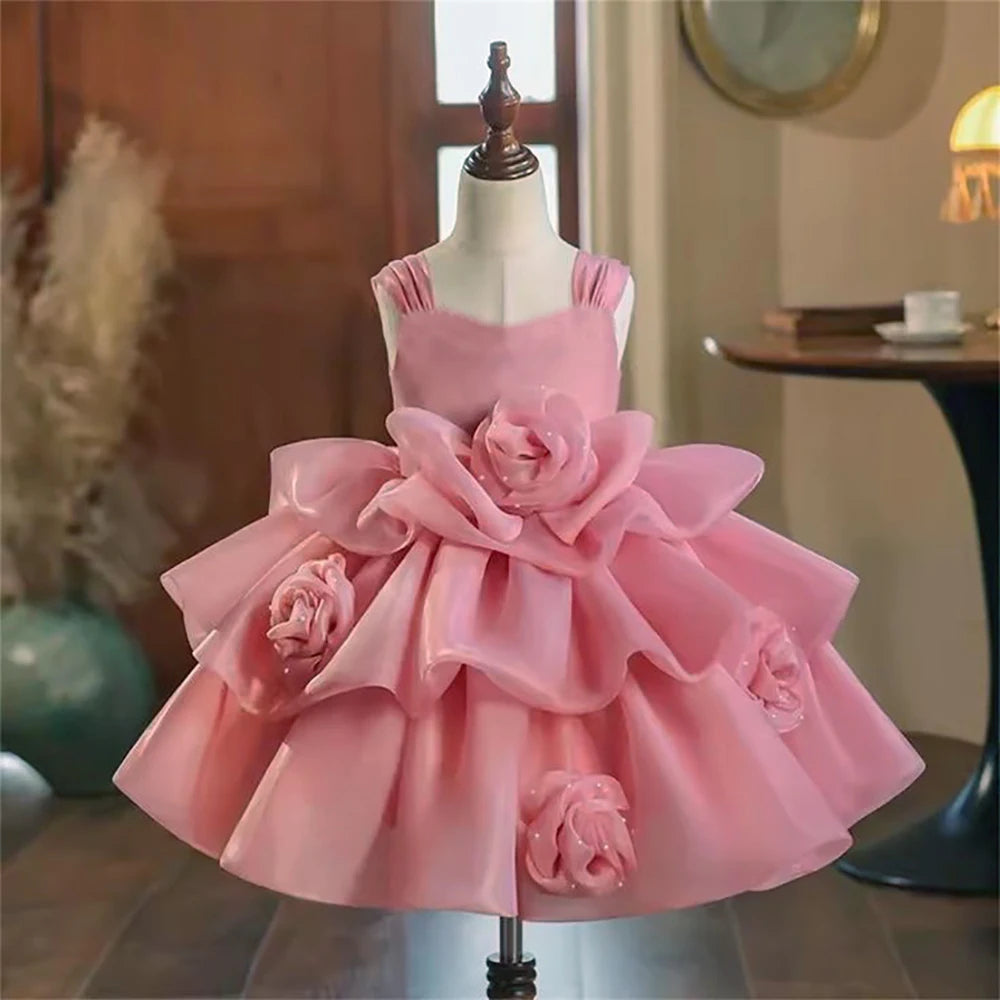 Elegant 3D Rose Flower Tiered Design Baby Christening Dresses