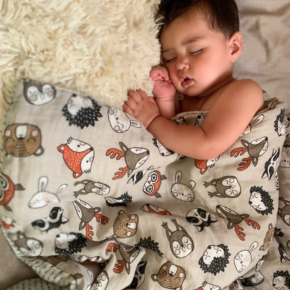 Print Bamboo Cotton Muslin Baby Swaddle, 4PCS Gift Set