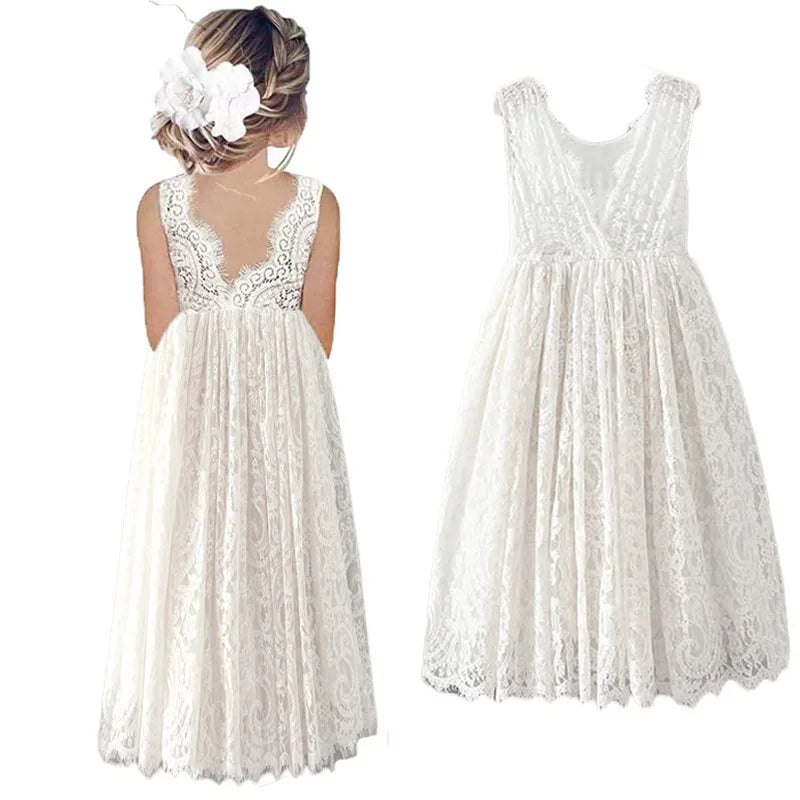 Solid Lace Design Long Wedding Flower Girl Cotton Dresses
