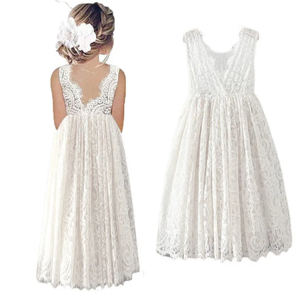 Solid Lace Design Long Wedding Flower Girl Cotton Dresses